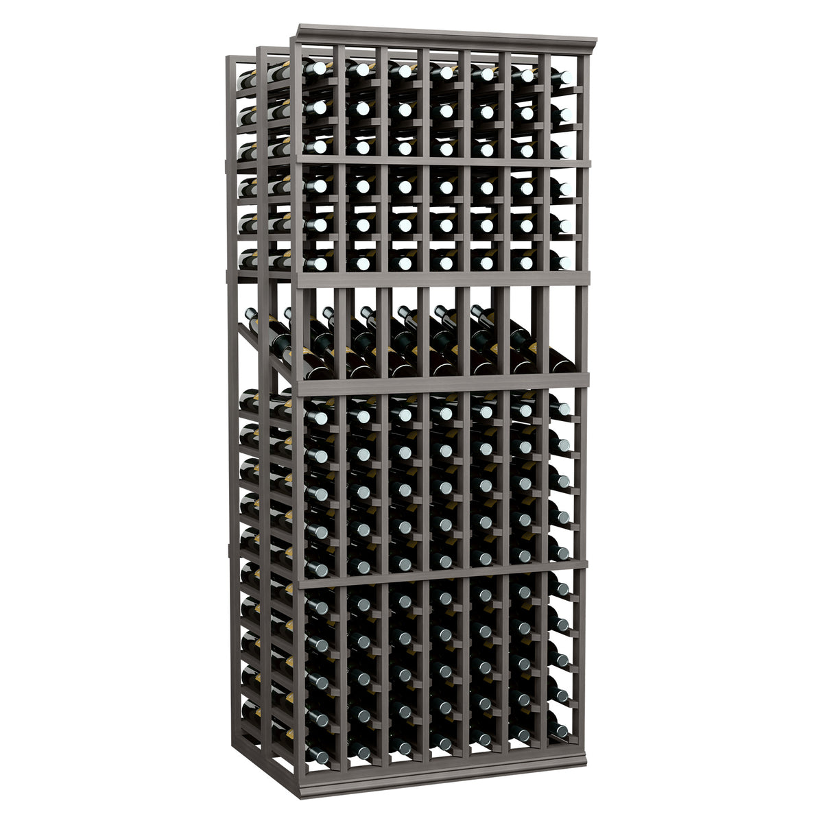 Wine bottle display rack with dark gray frame, 7 columns and two-deep rows