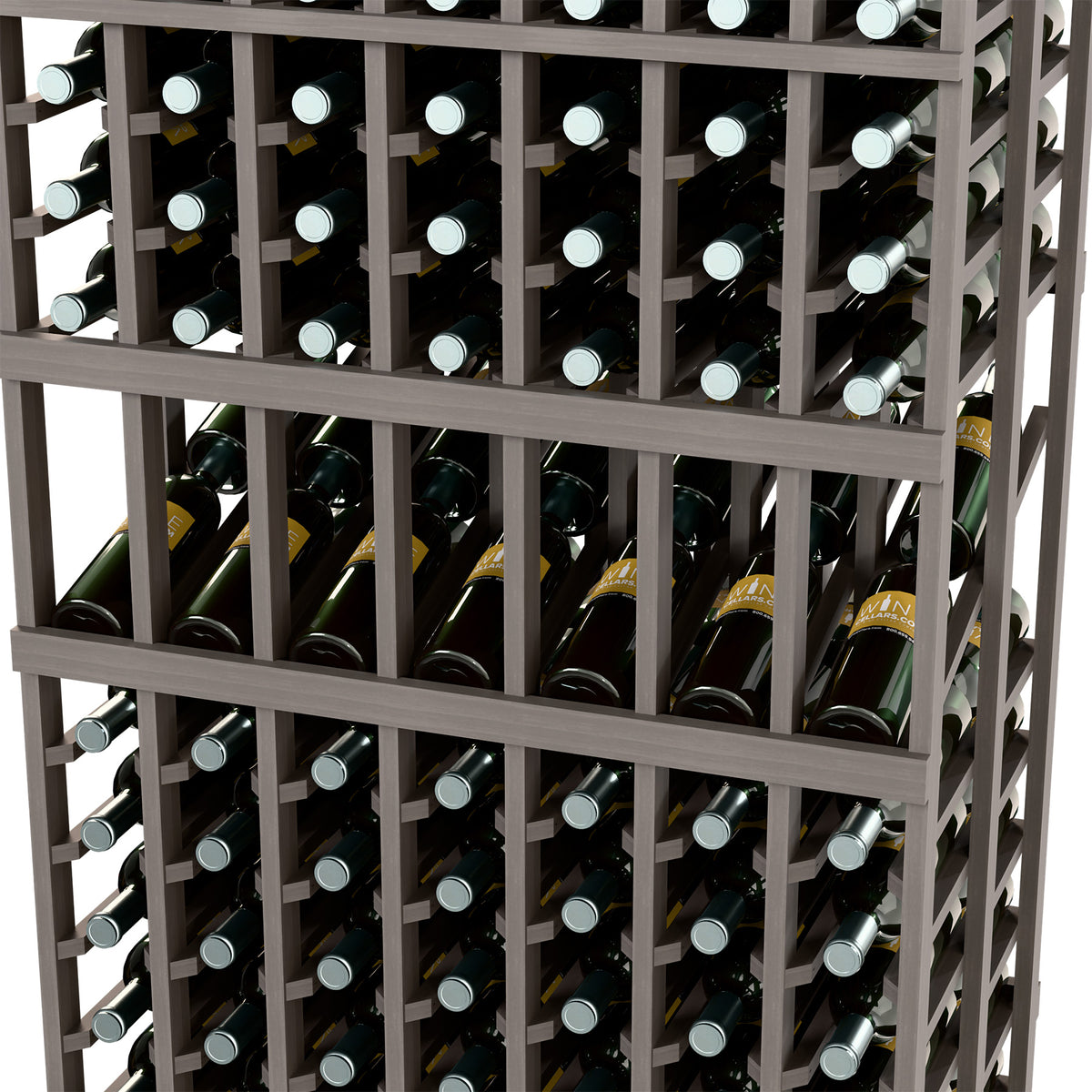 Wine rack front close-up with dark gray grid and wine bottles with silver caps