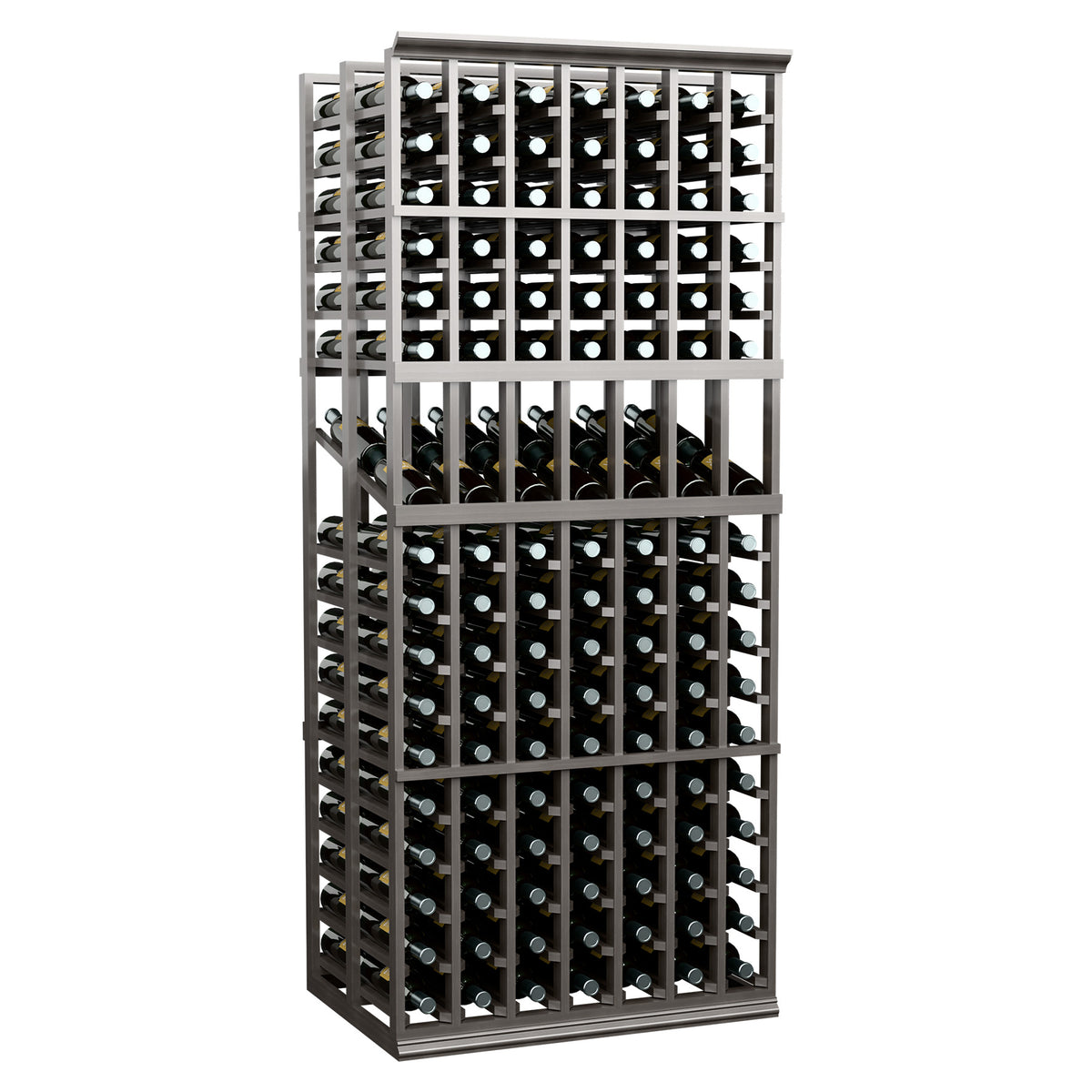 Wine bottle display rack standing upright with dark gray frame and stored wine bottles