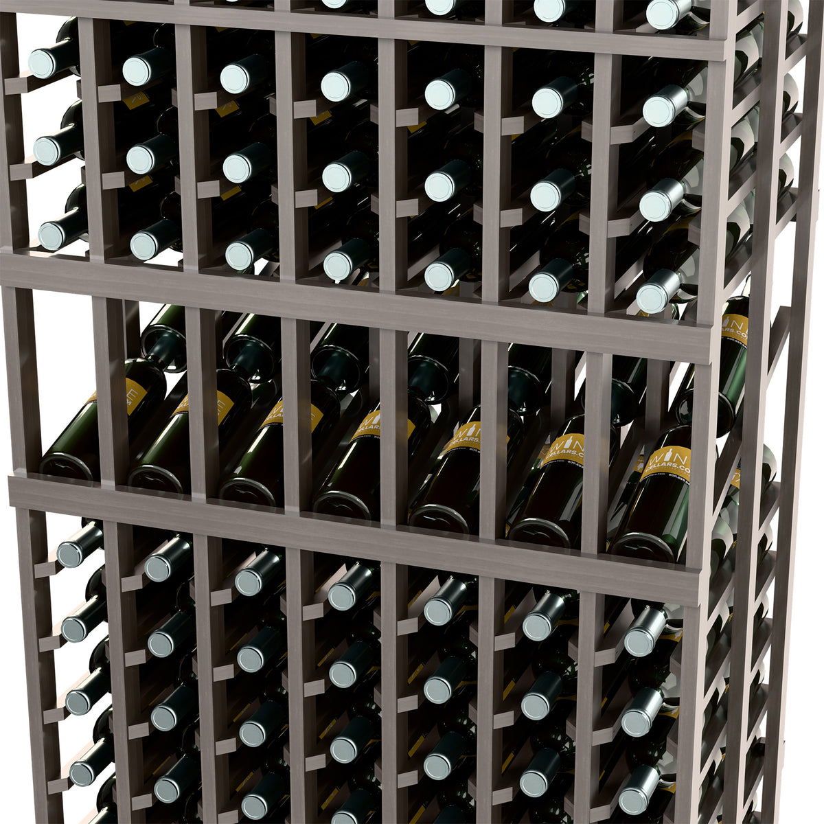 Wine rack front close-up with dark gray frame and multiple rows of wine bottles