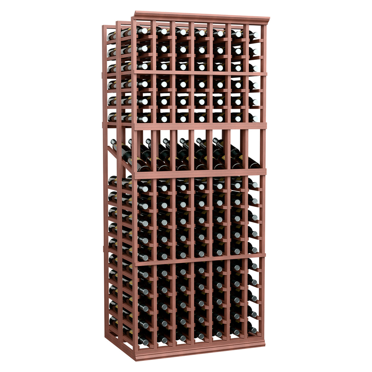 Wine bottle display rack standing upright with light wood frame and bottle grid