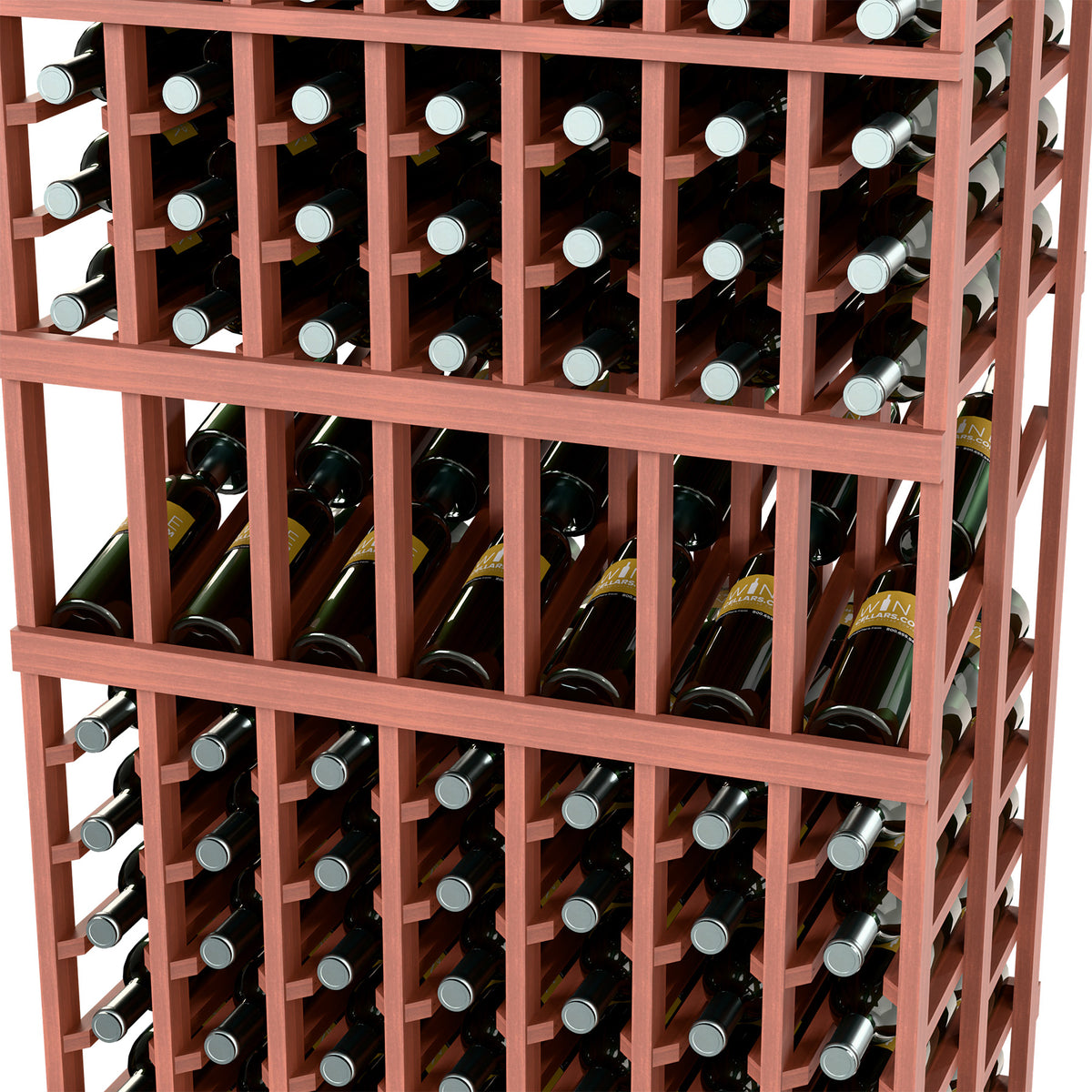 Wine rack front close-up with reddish-brown wood frame and rows of wine bottles