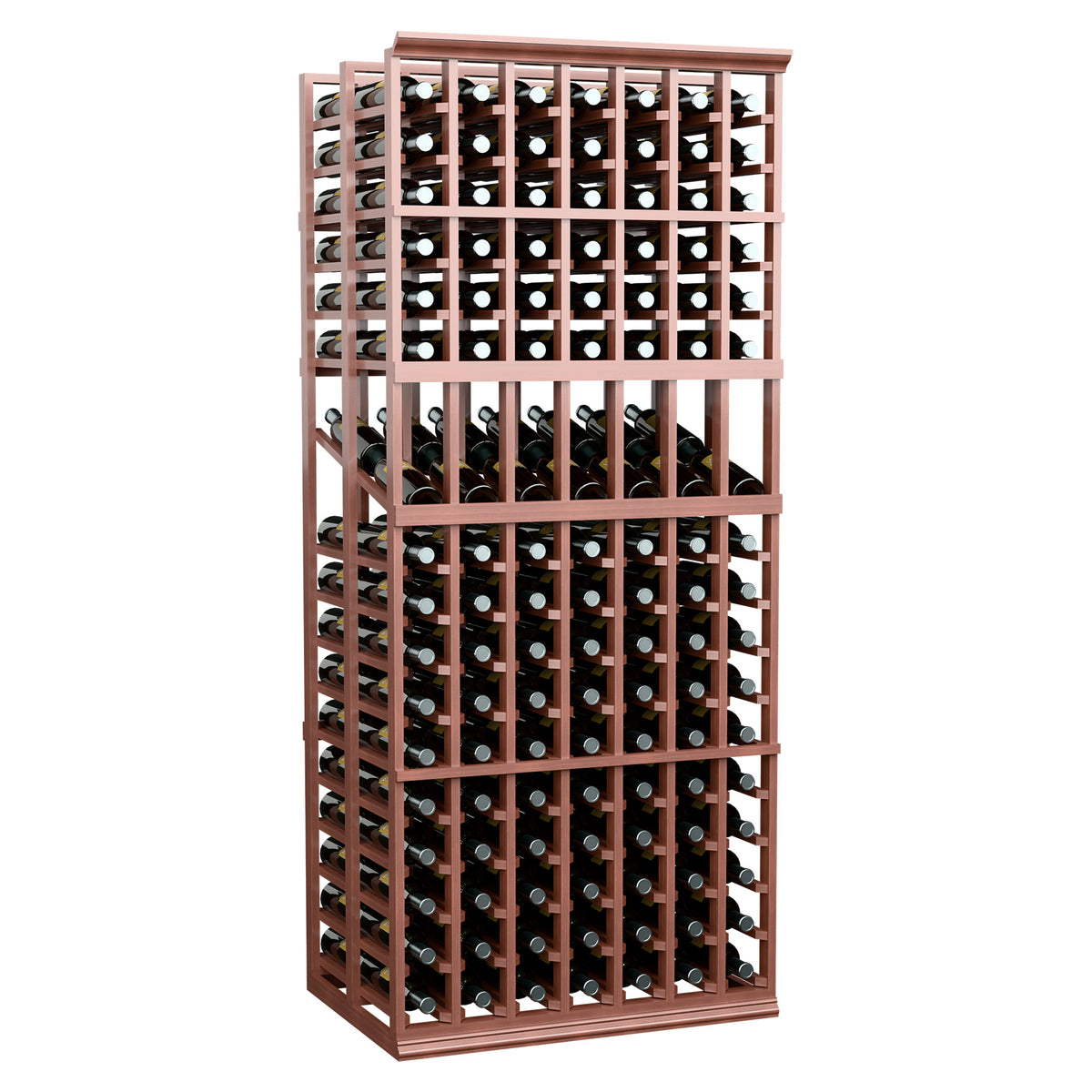 Wine bottle display rack standing upright with reddish-brown frame and wine bottle slots