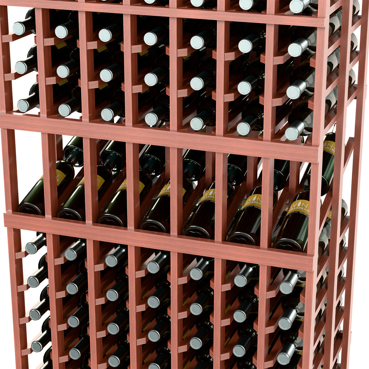 Wine rack front close-up with reddish-brown frame and wine bottles with silver caps