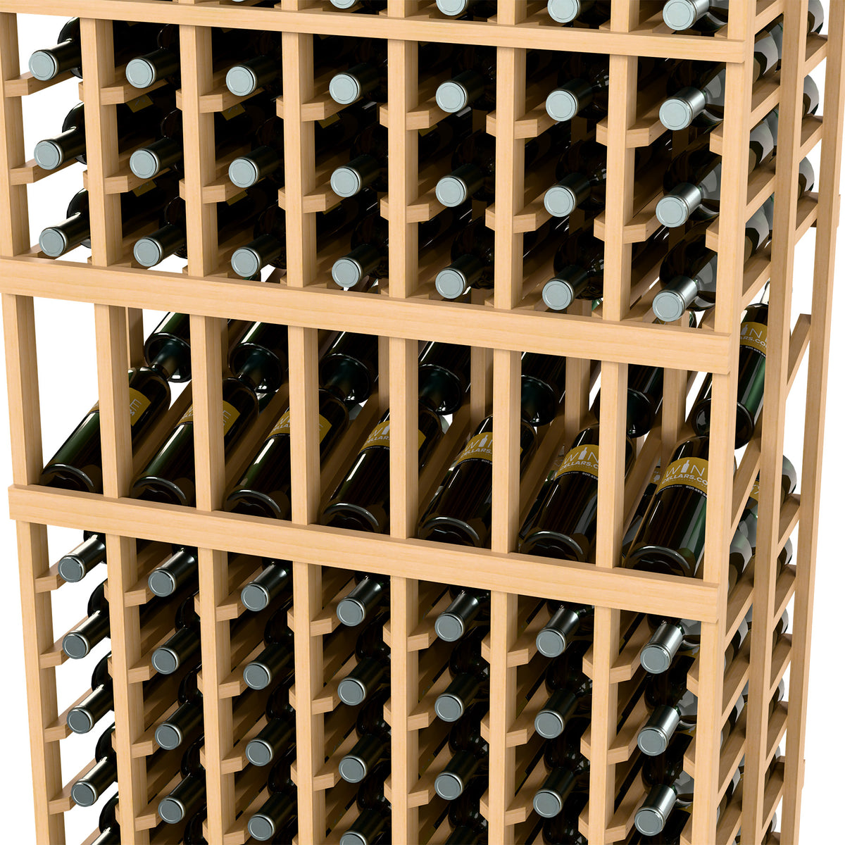 Wine rack front close-up with light beige frame and rows of wine bottles