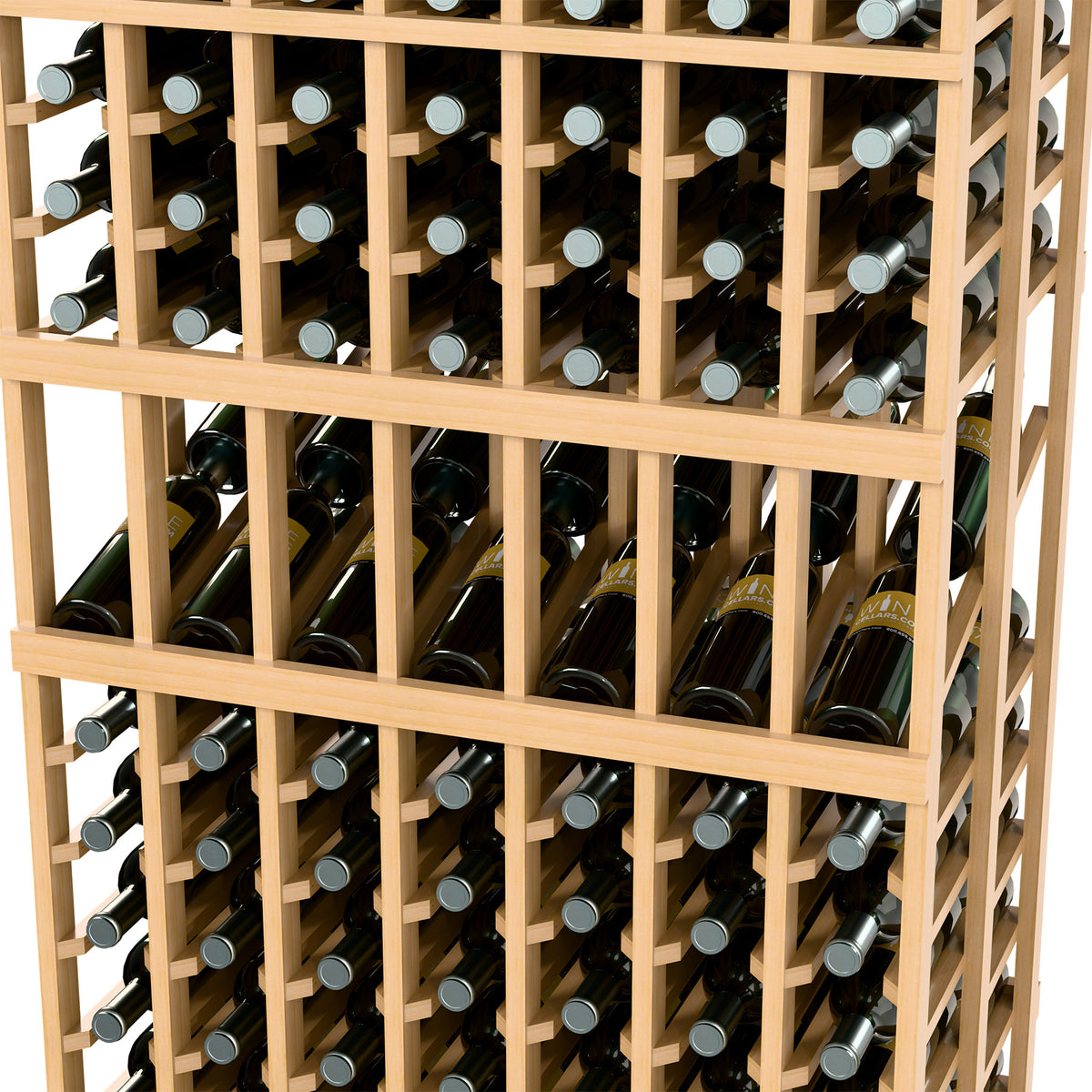 Close-up of light wood wine rack showing bottle slots with silver bottle caps