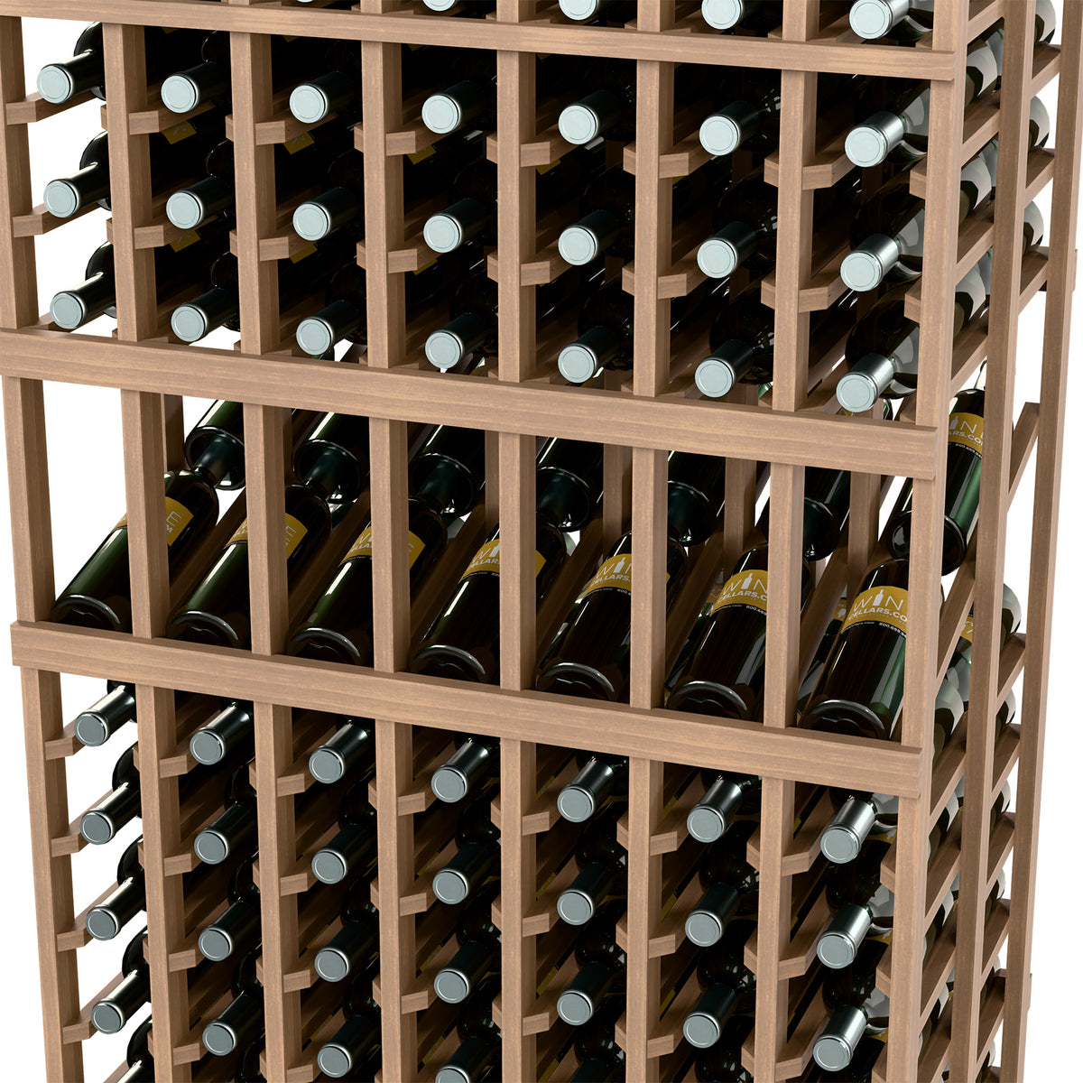 Close-up of light wood wine display rack with dark bottles and horizontal dividers