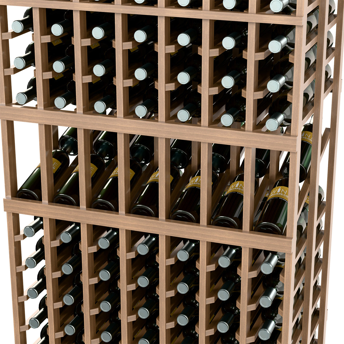 Close-up view of light wood wine rack compartments with bottles and circular caps