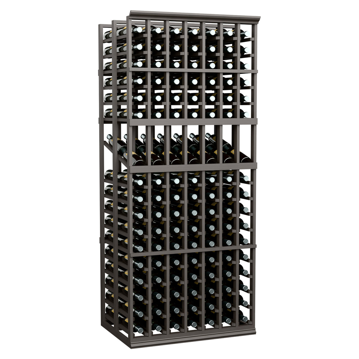Dark stained double deep wine display rack with bottle slots and grid-style frame