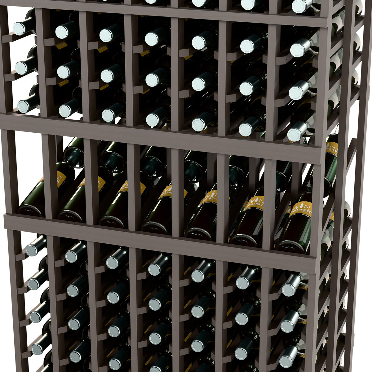 Close-up of dark wood wine rack showing bottle slots with silver bottle caps