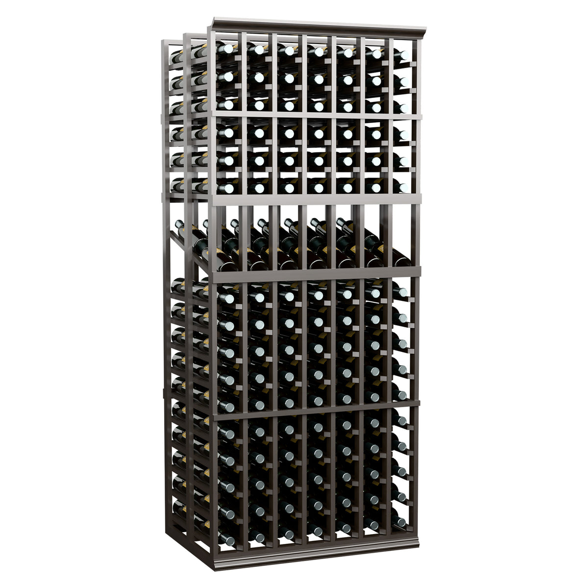 Dark wood 7 column double deep wine display rack with multiple rows of bottle openings