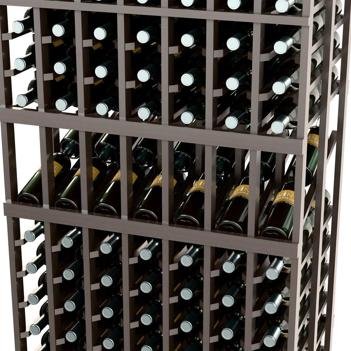 Close-up of dark wine rack compartments with dark bottles and silver bottle caps