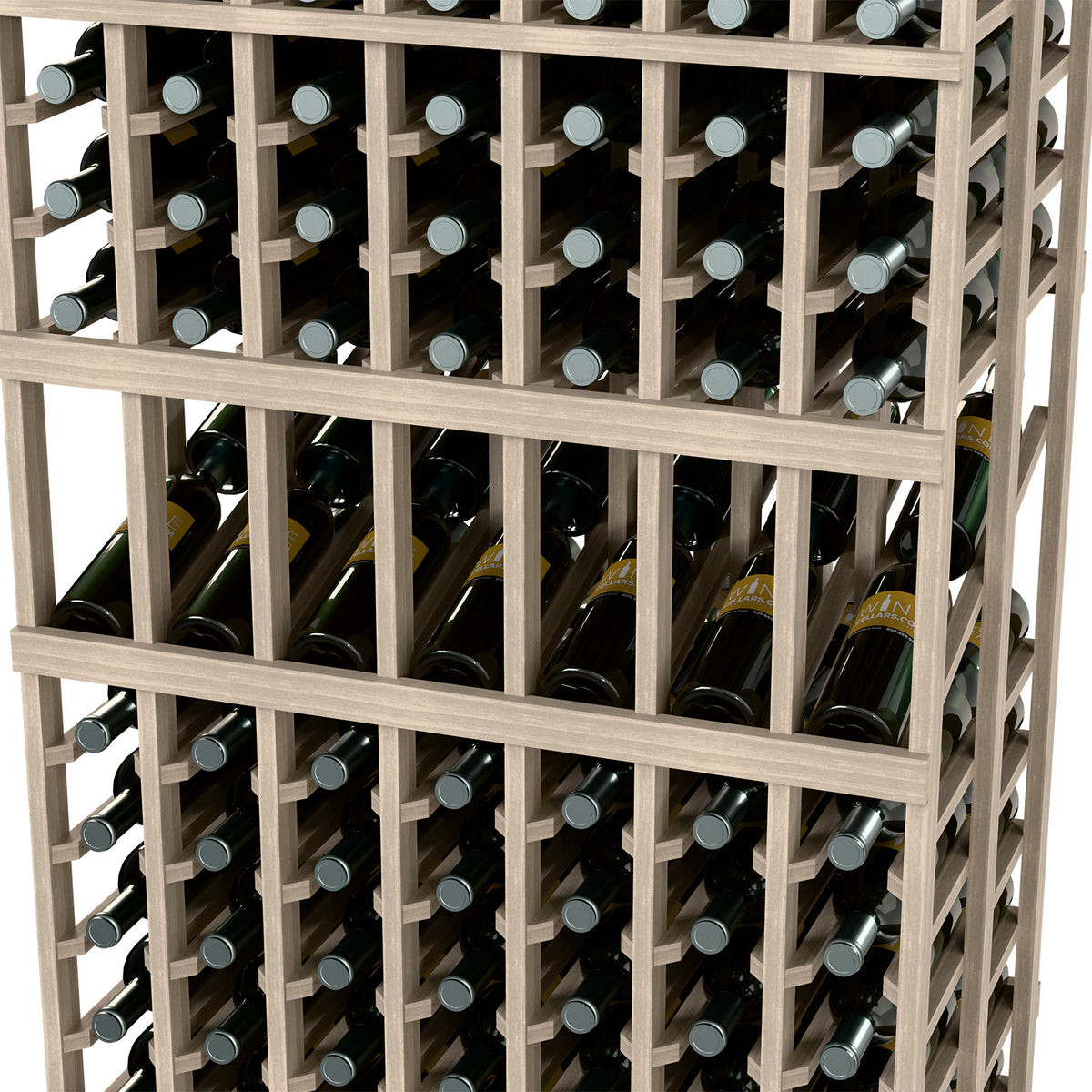 Close-up of wine bottle display rack with vertical dividers and capped bottle necks