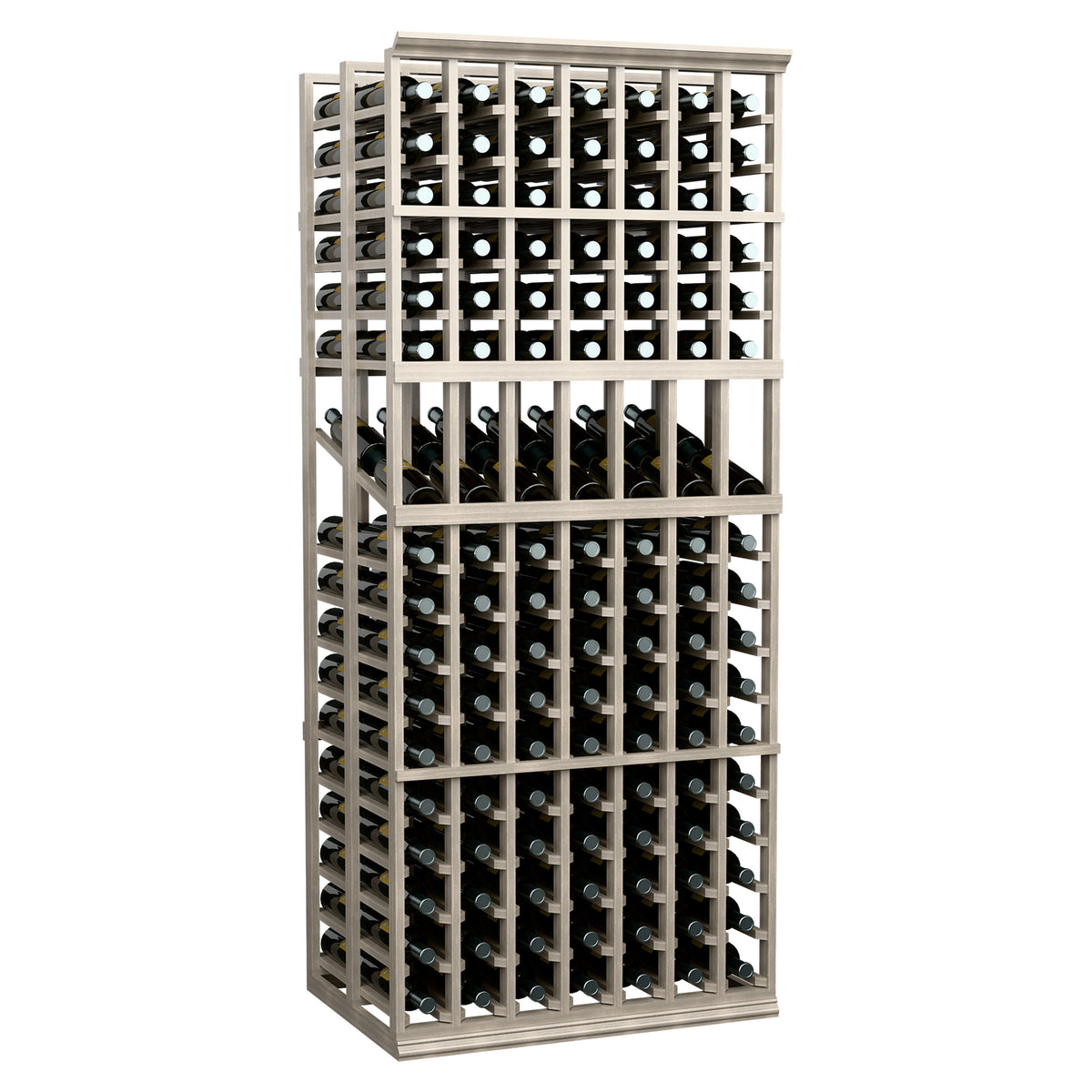 7-column double deep wine display rack with bottle slots and grid-style back support