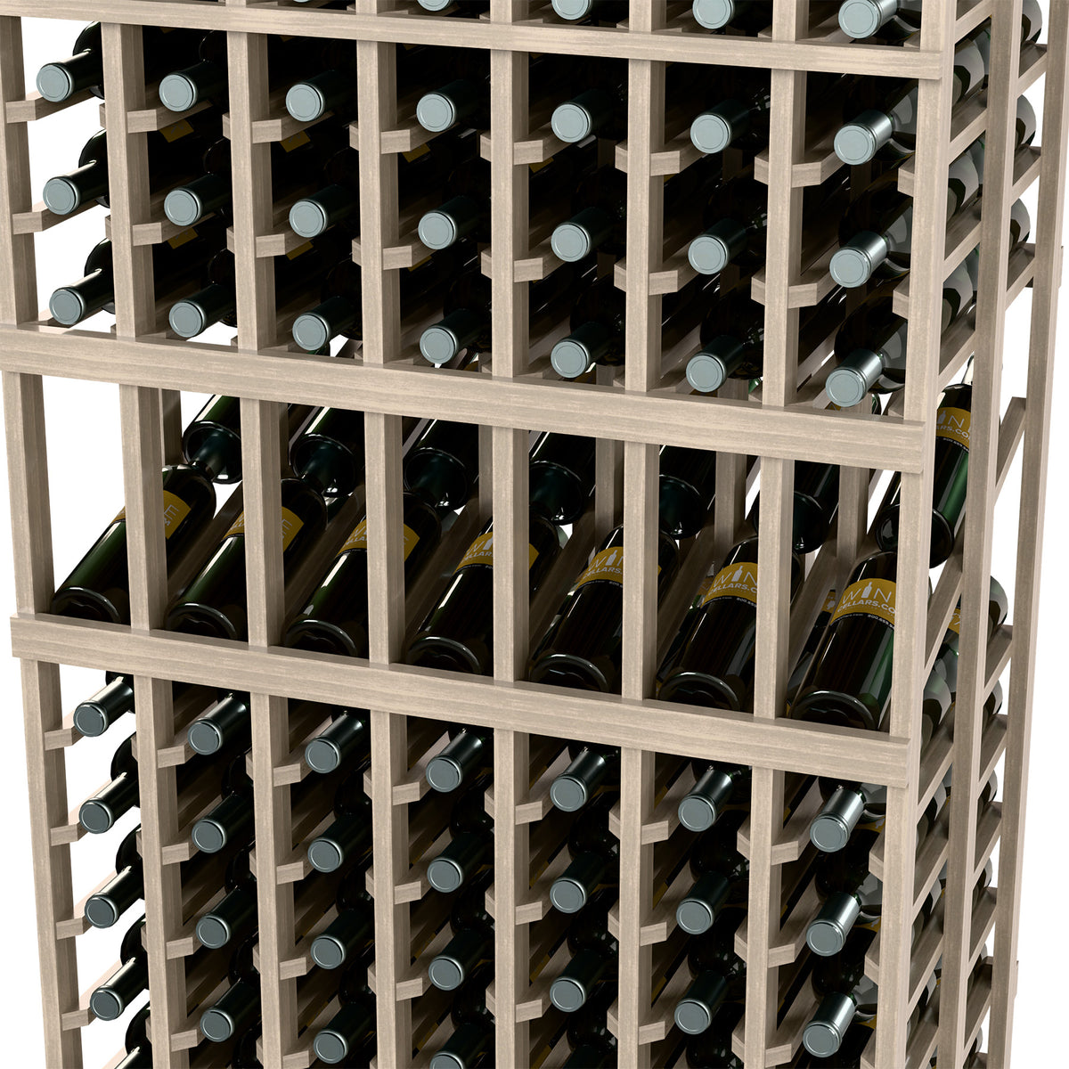 Close-up of wine rack interior with bottle compartments and vertical wooden dividers