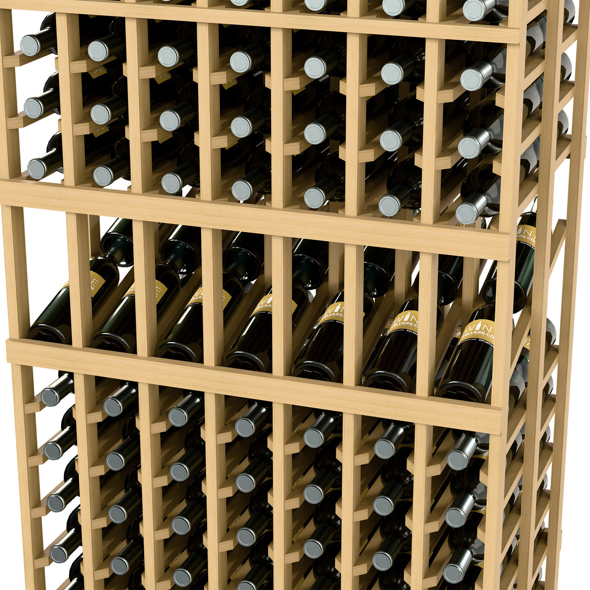 Close-up of wine bottle rack interior with vertical dividers and capped bottles