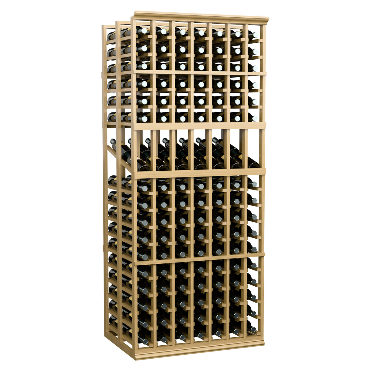 7-column double deep wine display rack with bottle slots and sturdy wooden grid frame