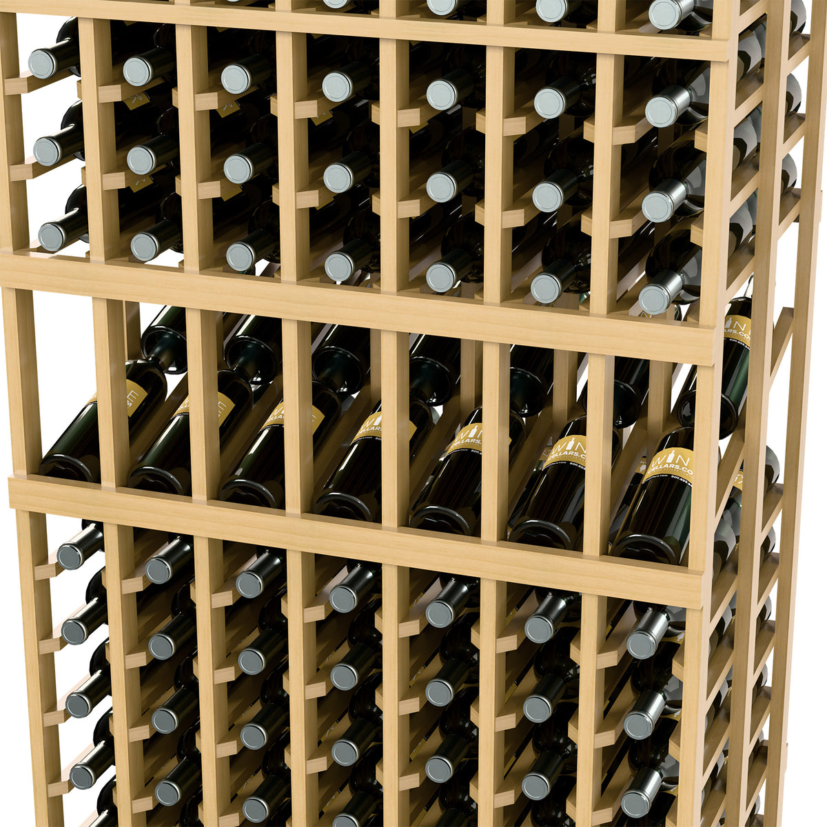 Close-up of wine rack with bottle compartments, bottle necks, and vertical wooden rails