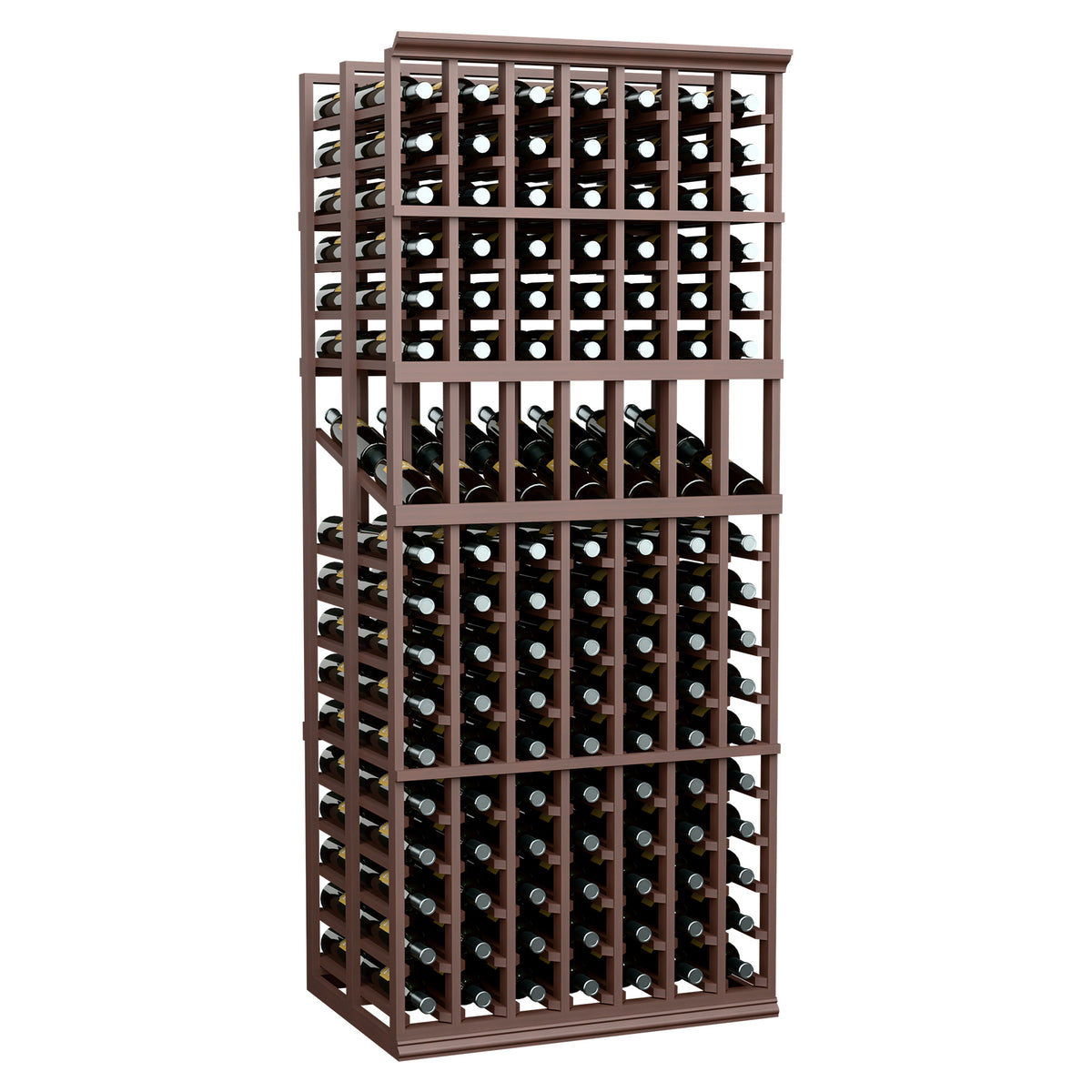 7-column double deep wine display rack with bottle slots and dark stained wood frame