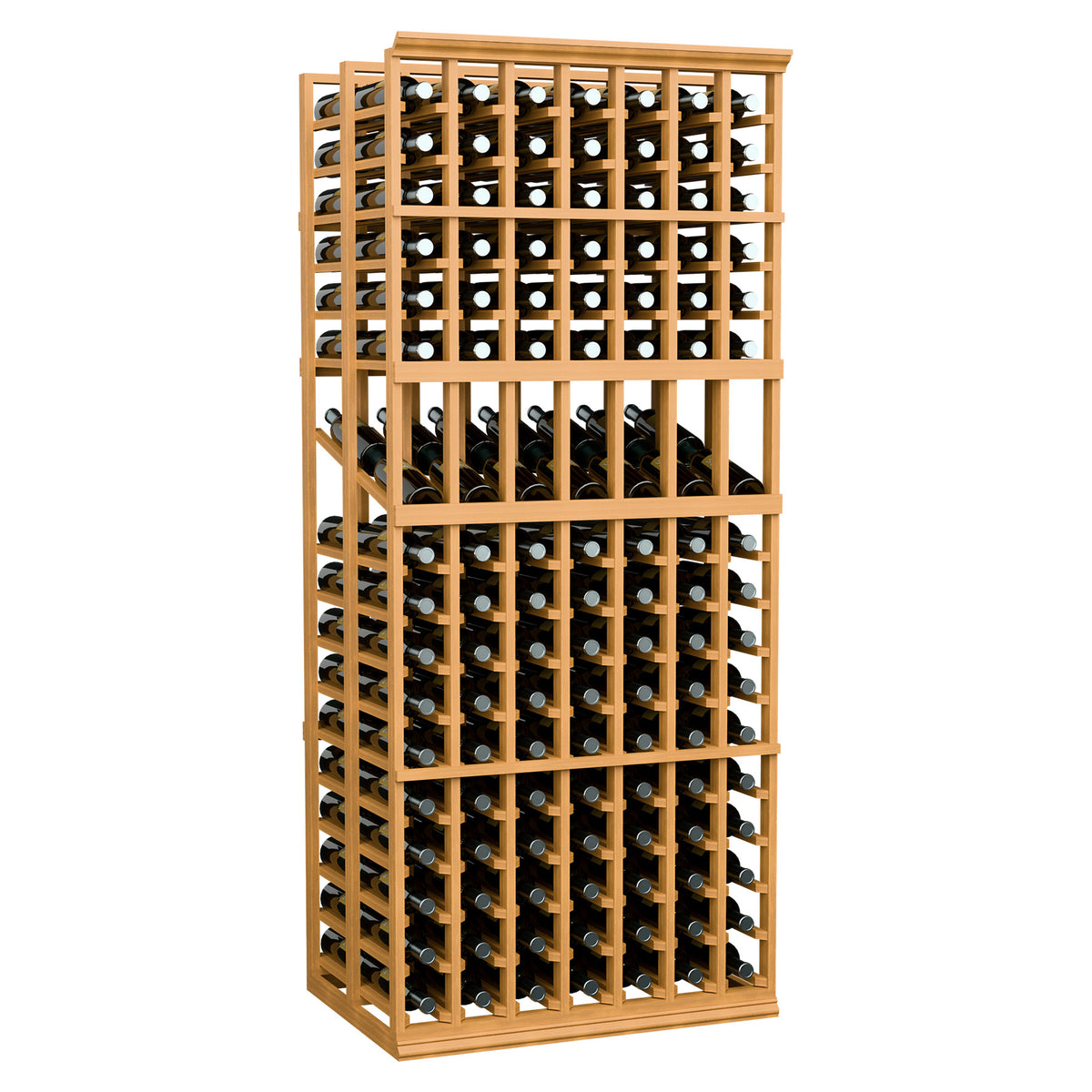 Light wood wine display rack with two rows of bottle cubbies and metal wire dividers