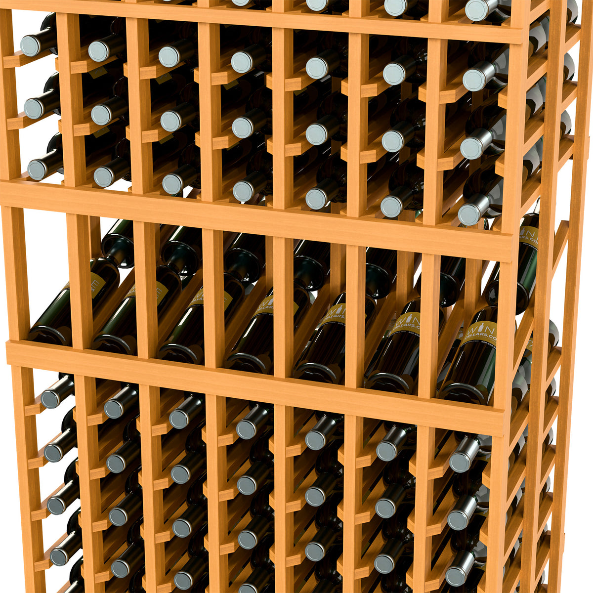 Close-up of light wood wine rack showing bottle slots with wire dividers and bottle caps
