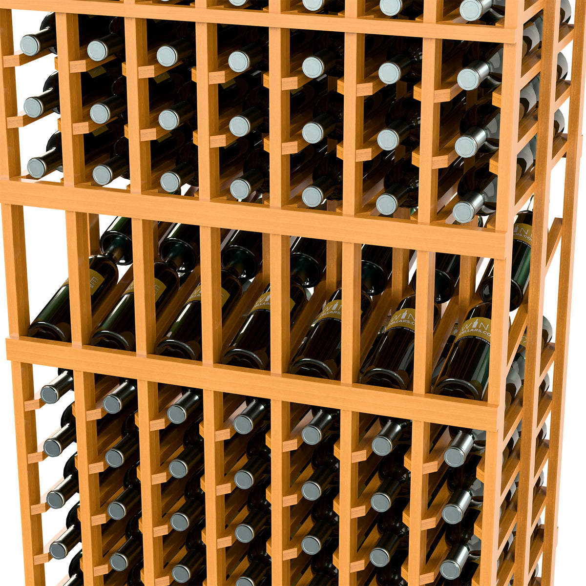 Close-up of light wood wine rack showing multiple bottle rows with wire dividers