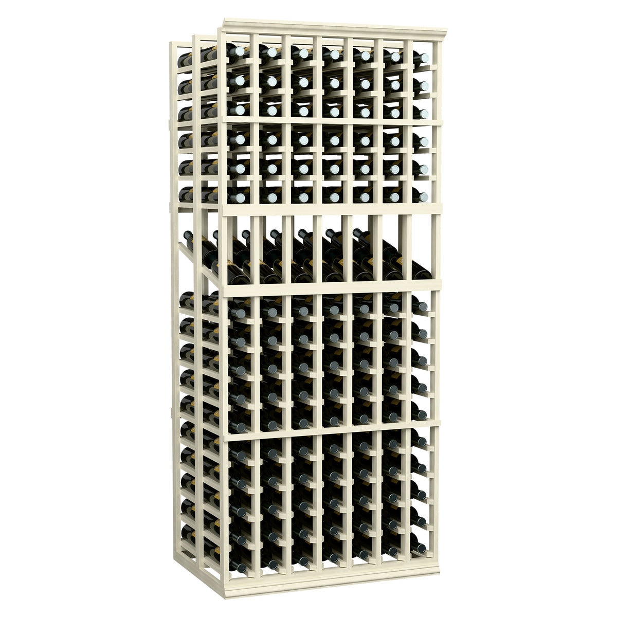 White wine display rack with two rows of bottle cubbies and metal wire dividers