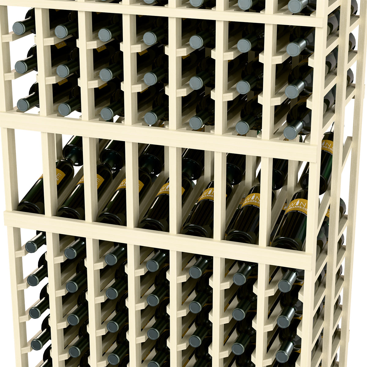 Close-up of white wine rack showing bottle slots with wire dividers and bottle caps