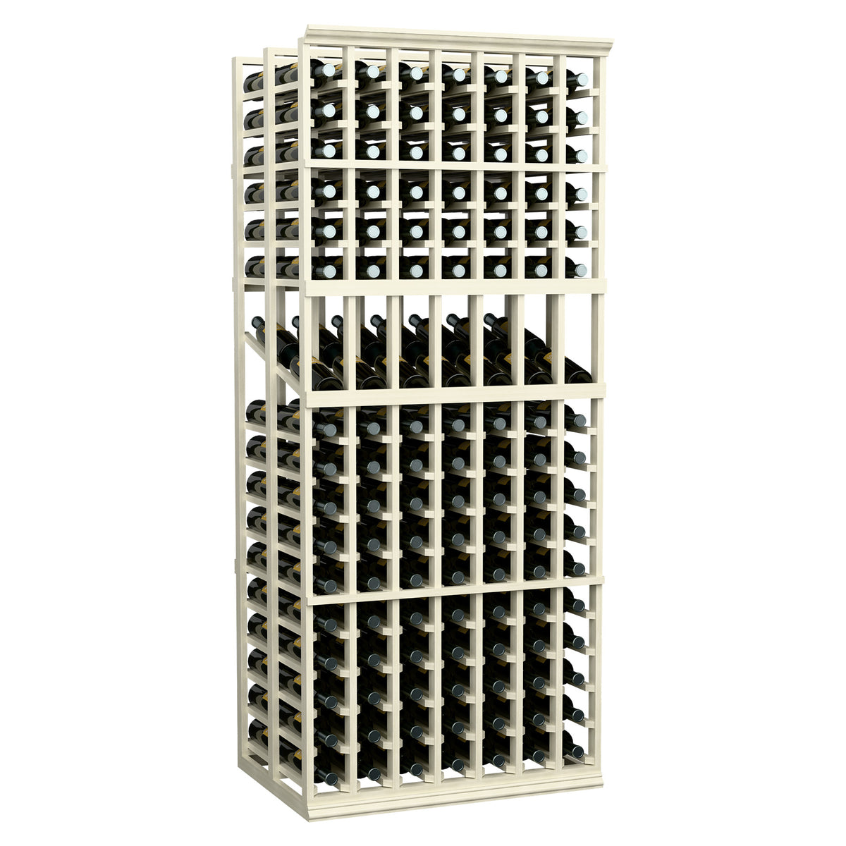 White wine display rack with stacked rows of wine bottle slots and wire dividers