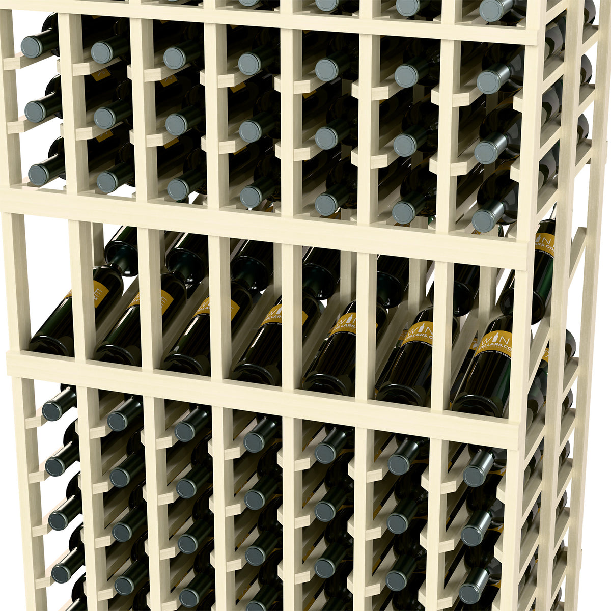 Close-up of white wine rack showing multiple bottle rows with wire dividers