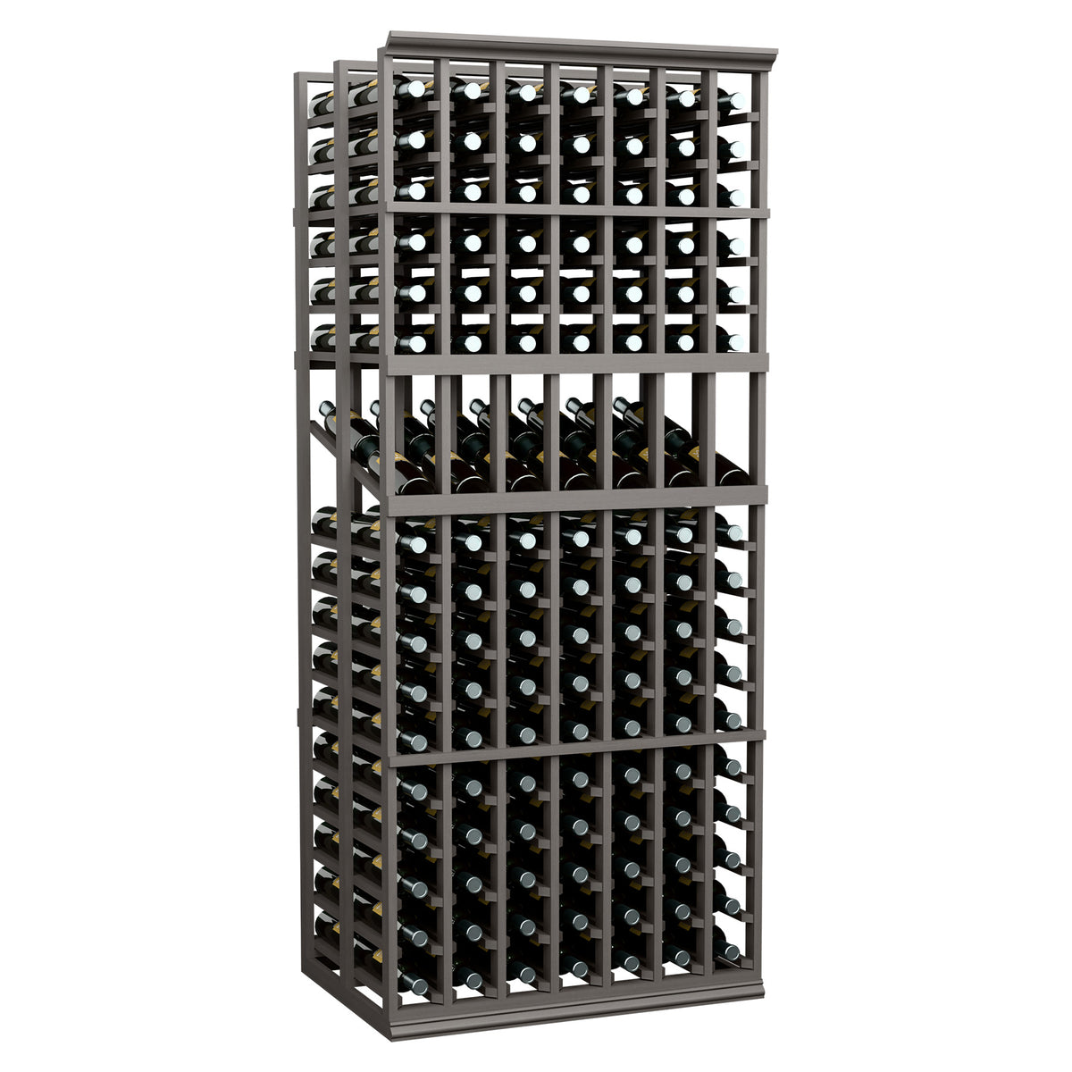 Dark wine display rack with open grid shelves and round bottle openings