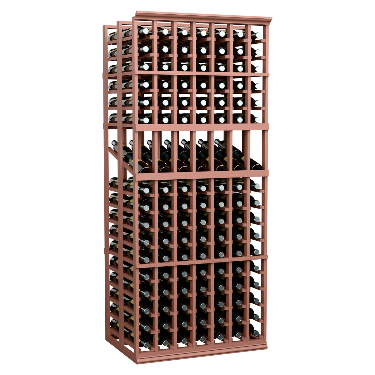 Red-brown wine display rack with open grid frame and bottle storage slots