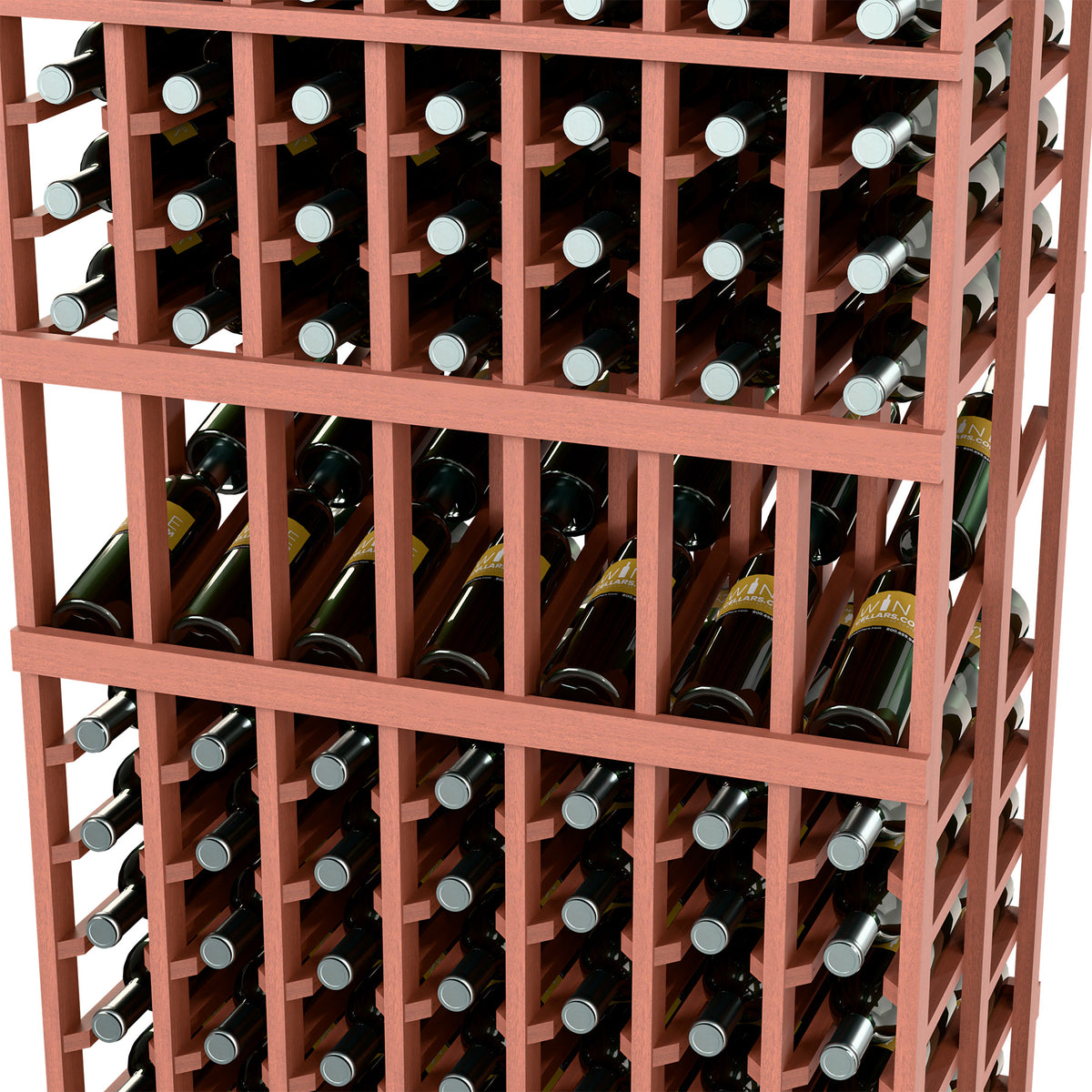 Red-brown wine rack front close-up with rows of bottle holders and caps
