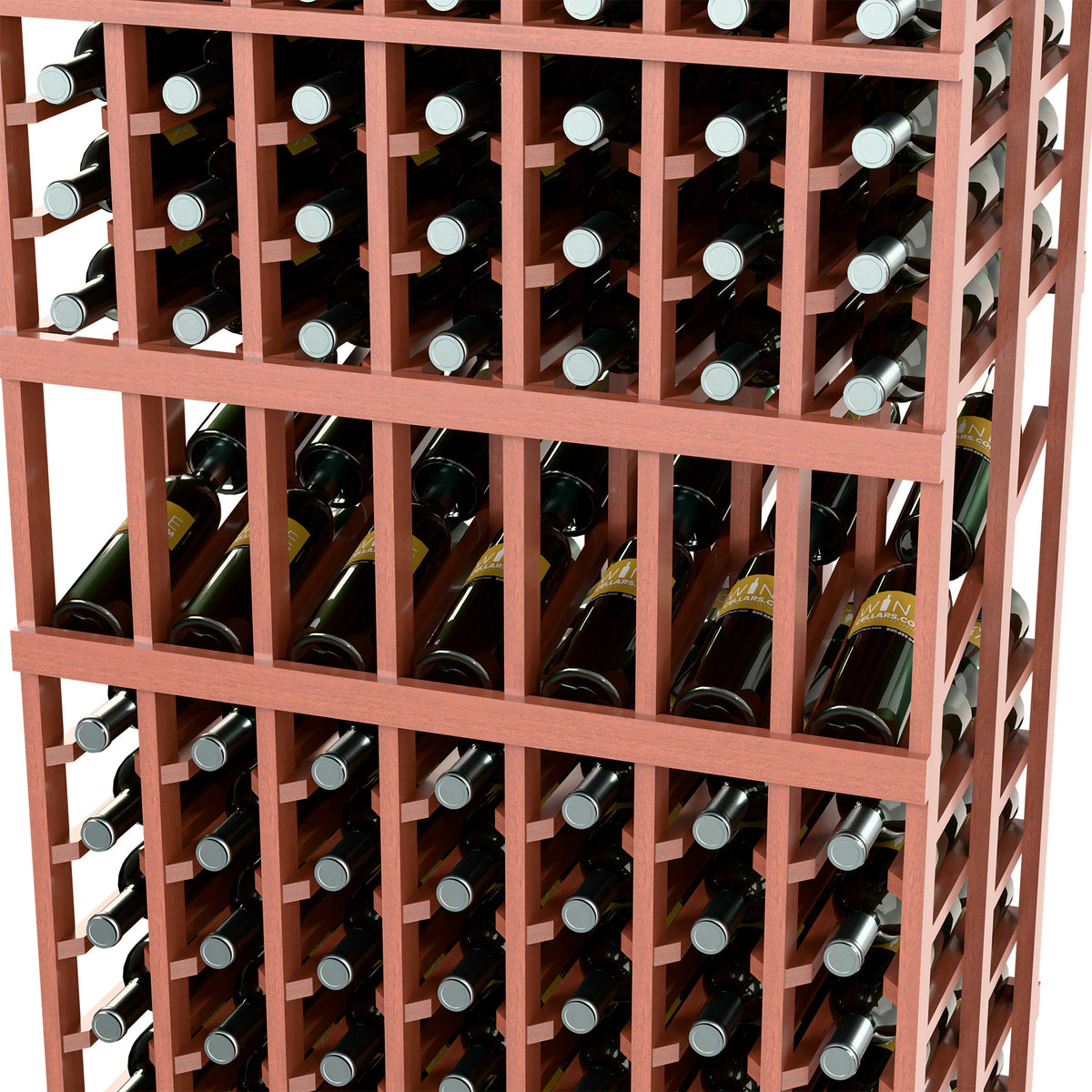 Red-brown wine display rack close-up showing multiple rows of bottle holders
