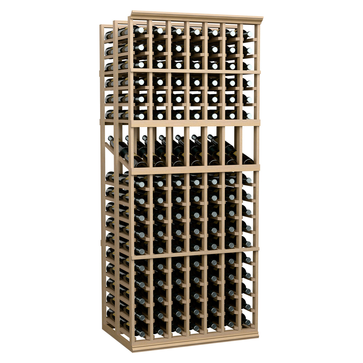Light wood wine display rack with open grid frame and round bottle openings