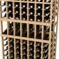 Light wood wine rack close-up with stacked bottle holders and visible bottle tops