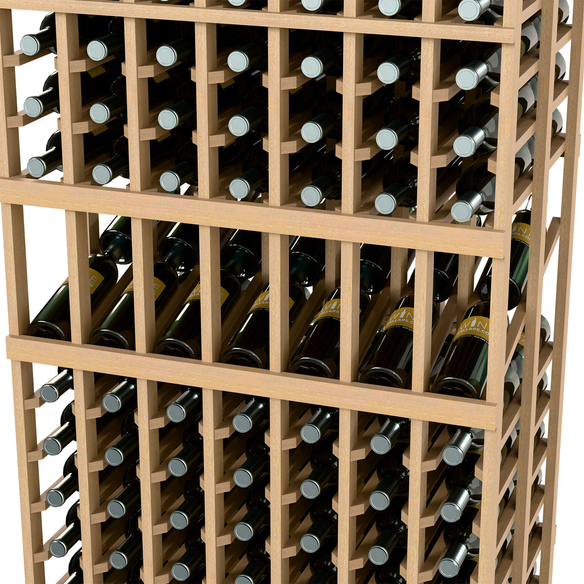 Light wood wine rack close-up with stacked bottle holders and visible bottle tops