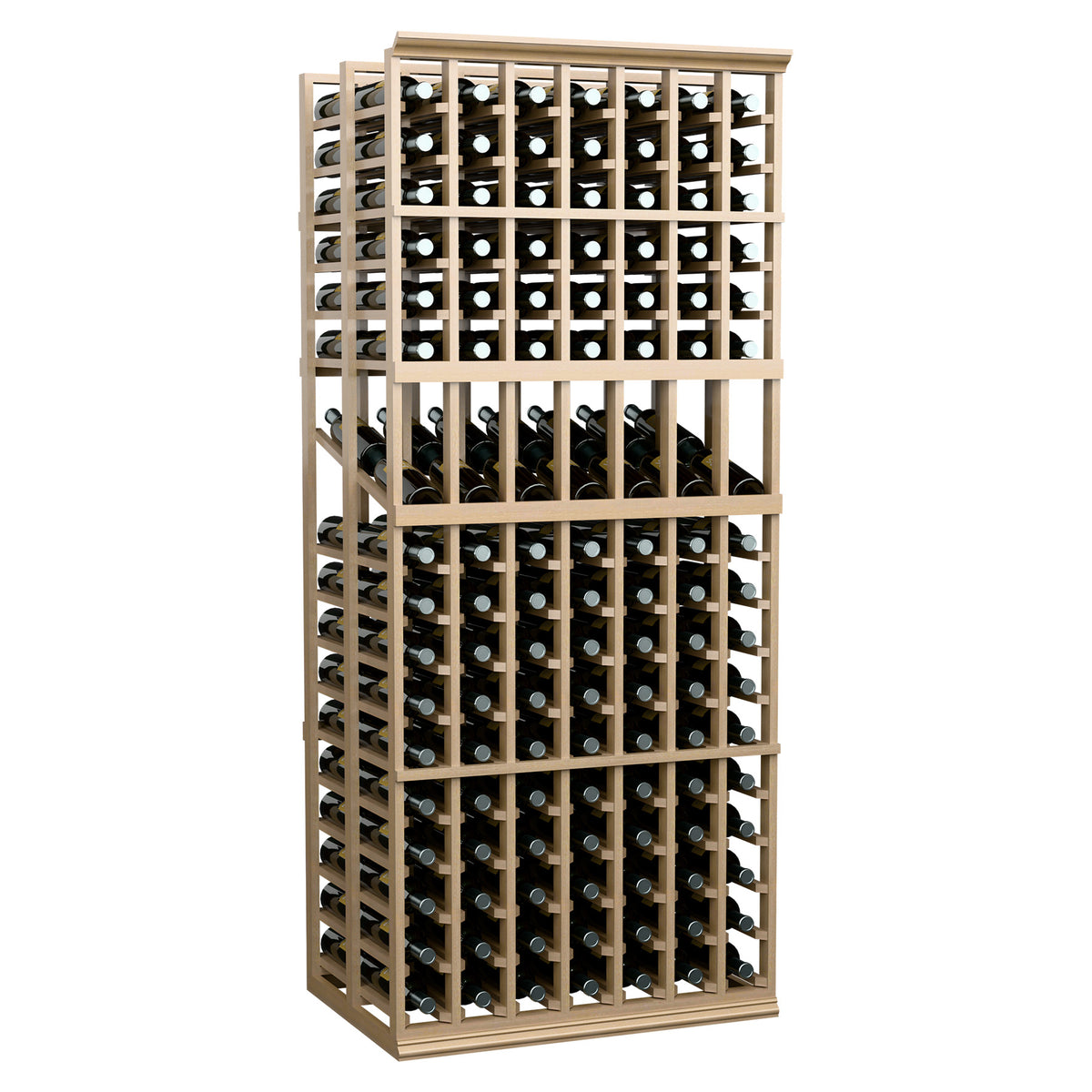 Wood wine bottle display rack with open grid frame, 7 columns, double-deep storage