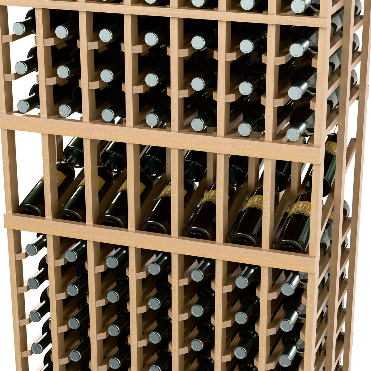 Wood wine bottle rack closeup with grid rows holding capped bottles in two deep tiers