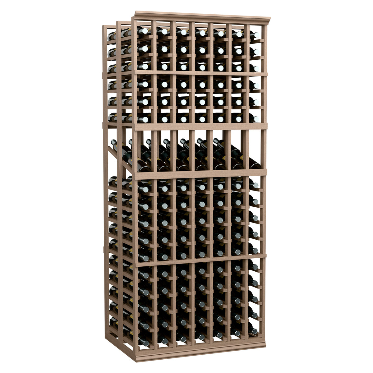 Wood wine bottle display rack with open front grid and 7-column double-deep bottle storage