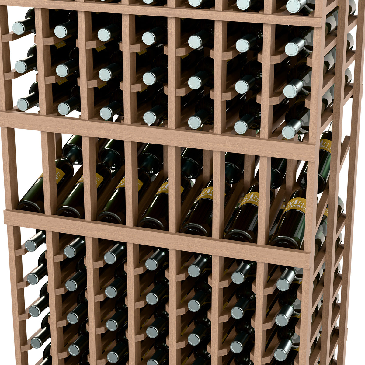 Wood wine bottle rack closeup showing grid compartments with bottles in two deep tiers