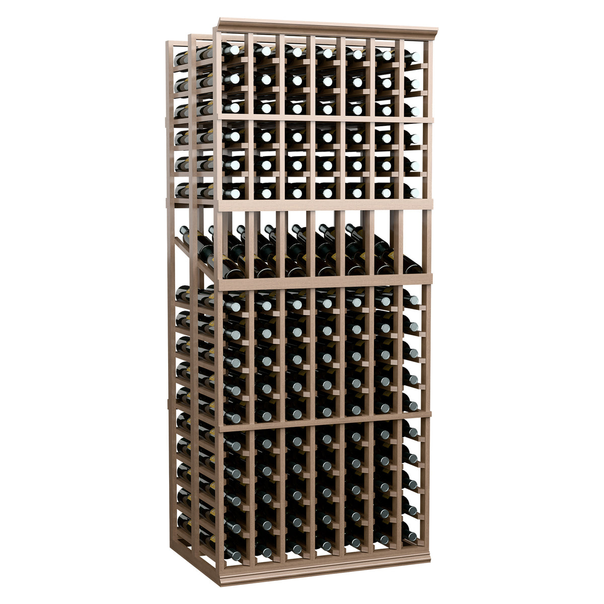 Wood wine bottle display rack with open lattice frame and 7 columns for double-deep storage