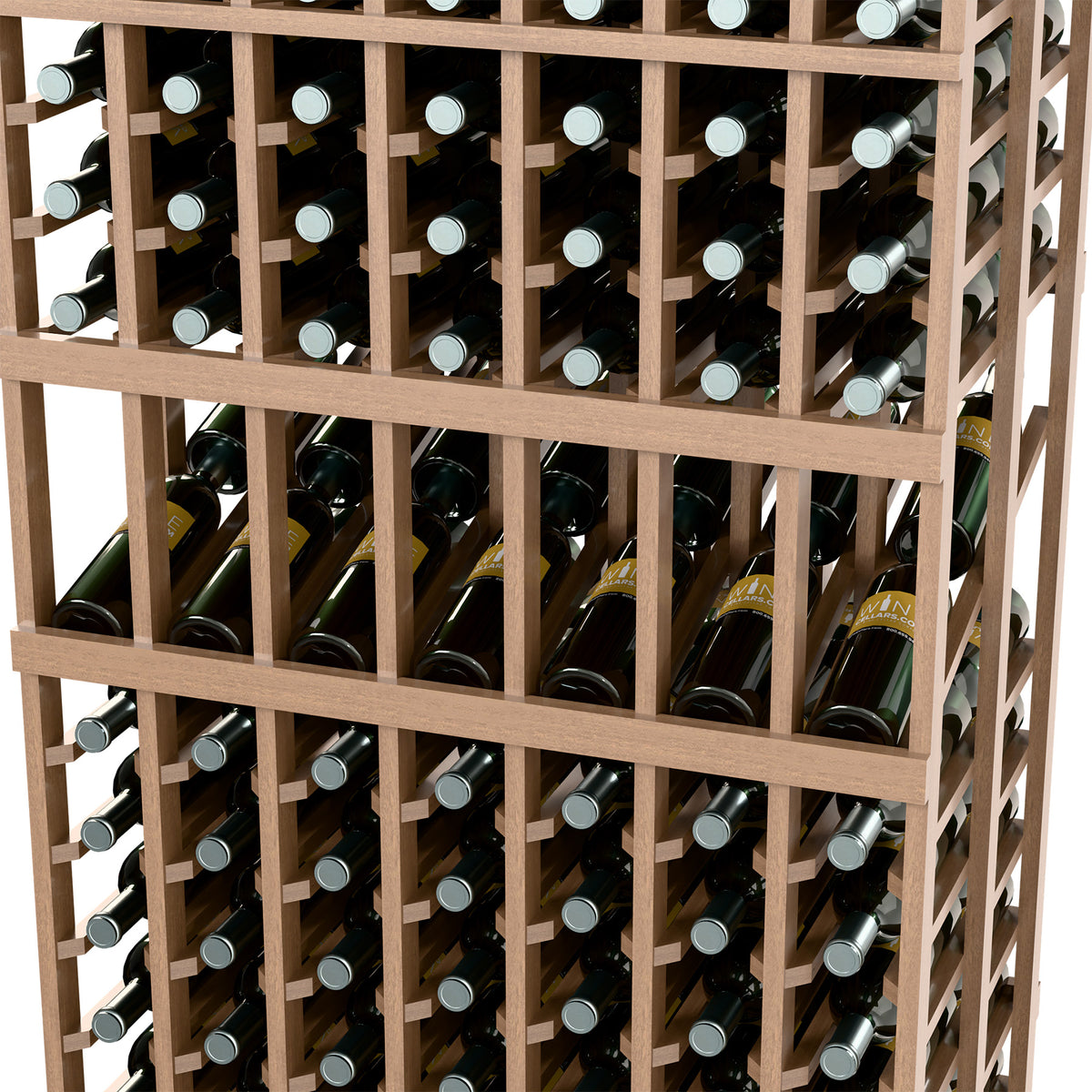 Wood wine bottle rack closeup with open compartments and capped bottles in two deep rows