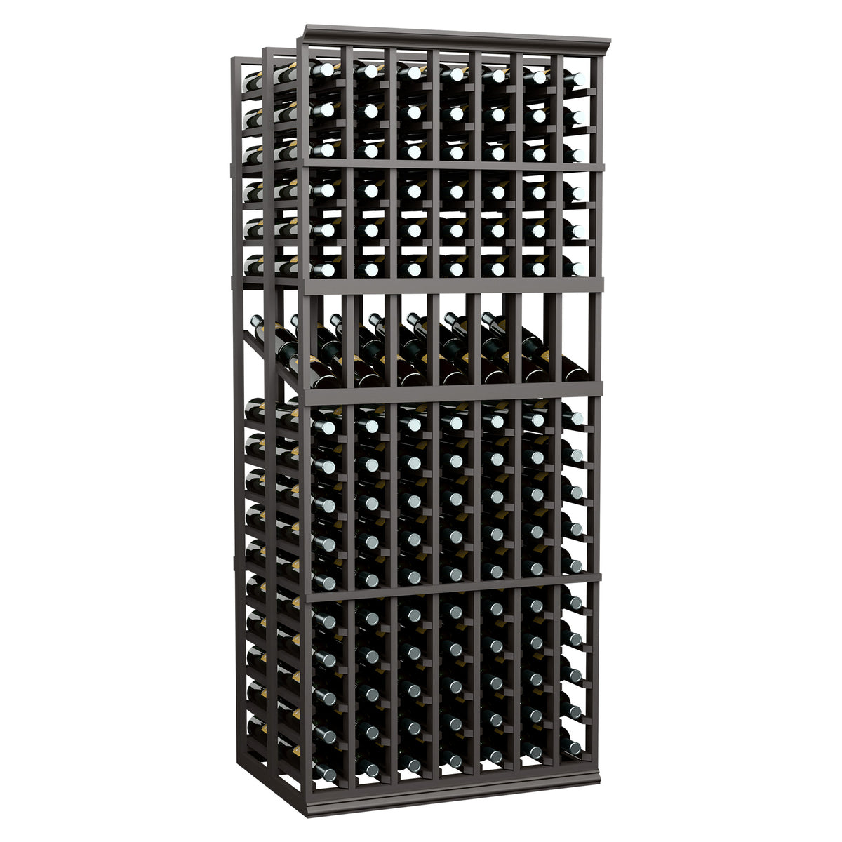 Dark-stained wine bottle display rack with open grid frame, 7 columns, double-deep storage