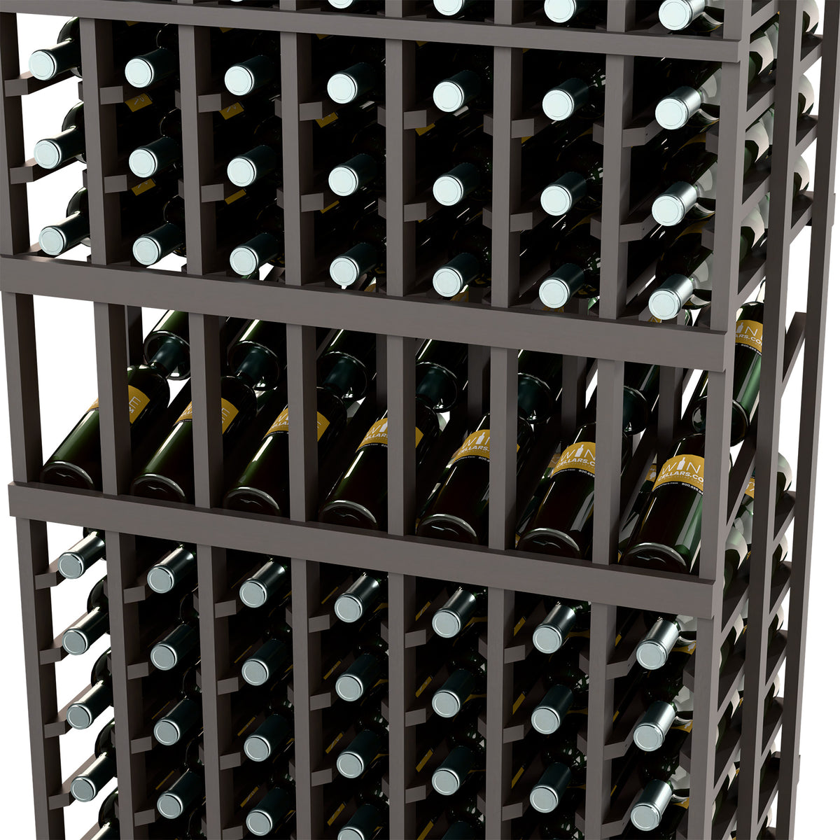 Dark wine bottle rack closeup with grid rows holding capped bottles in two deep tiers