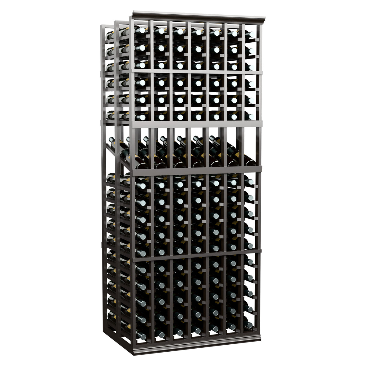 Dark-stained wine bottle display rack with open front grid and 7-column double-deep storage