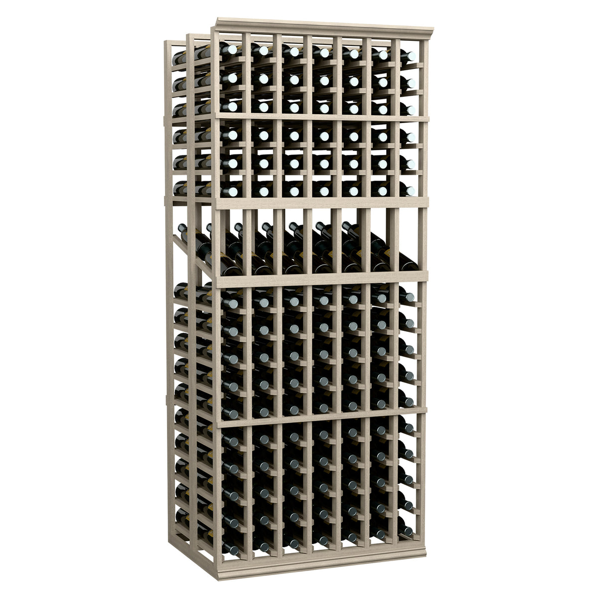 Wine display rack with 7-column double-deep bottle slots, dark wood, full front view