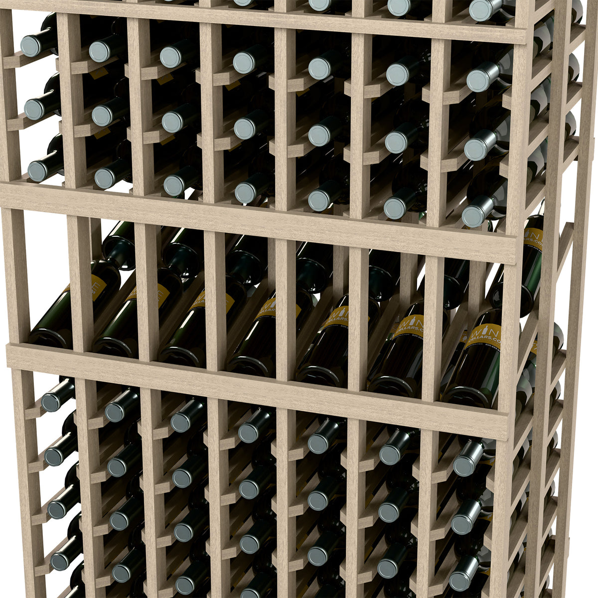 Wine display rack close-up of 7-column bottle slots, dark wood frame with bottles
