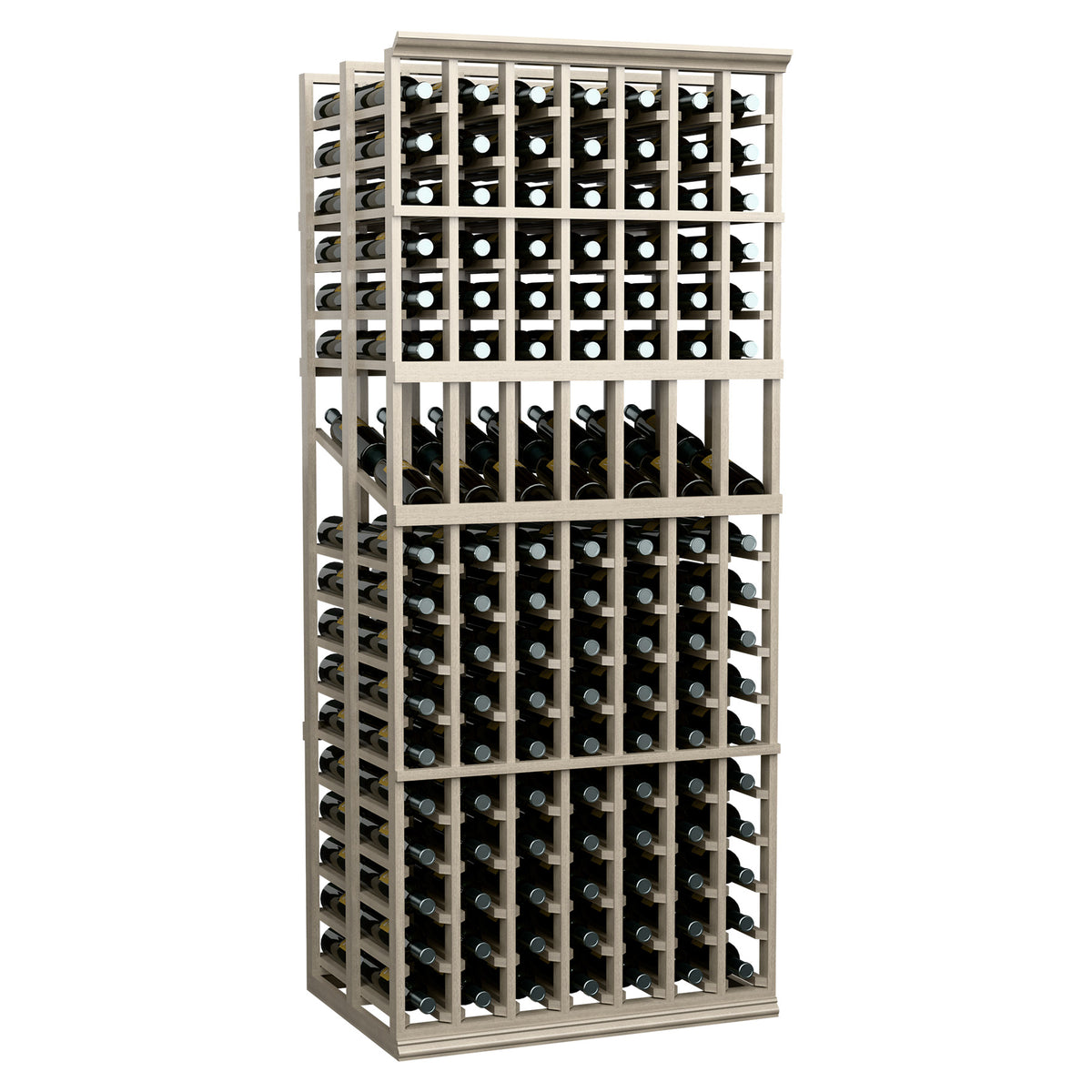 Wine display rack with 7-column double-deep bottle slots, dark wood, front view