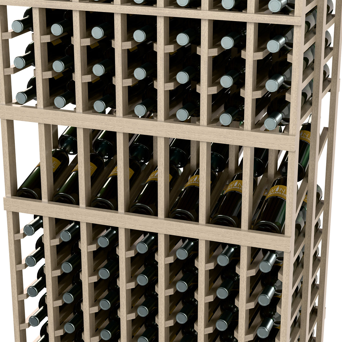 Wine display rack close-up of 7-column bottle slots, dark wood, stacked bottles